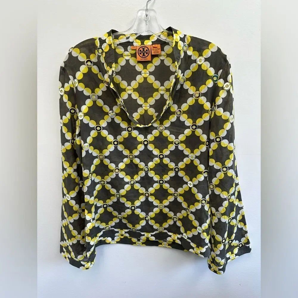 Tory Burch Geometric Multi-color sequined Blouse Long Sleeve Scoop Neck Size 10